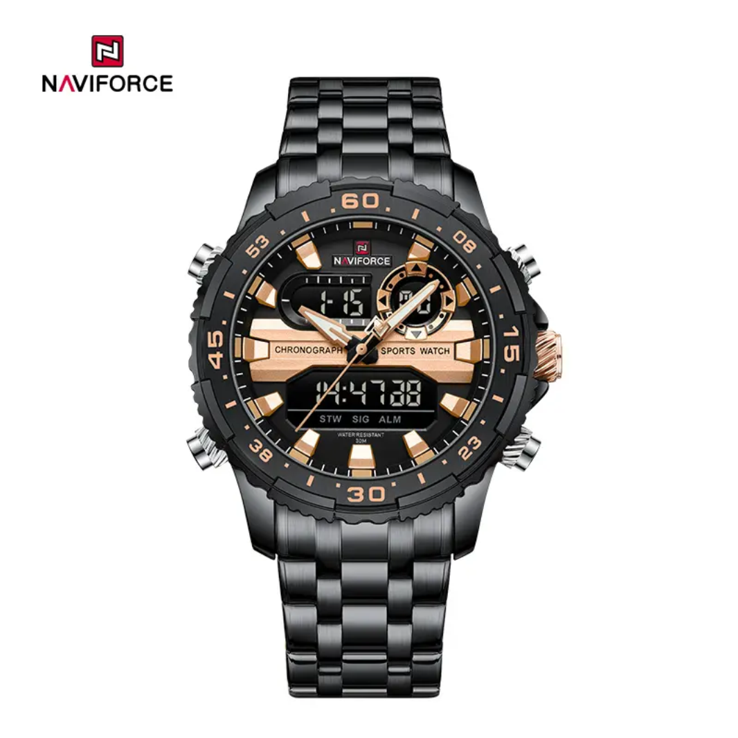 Reloj multifunción Naviforce NF9234 con diseño de maquinaria pesada y doble pantalla