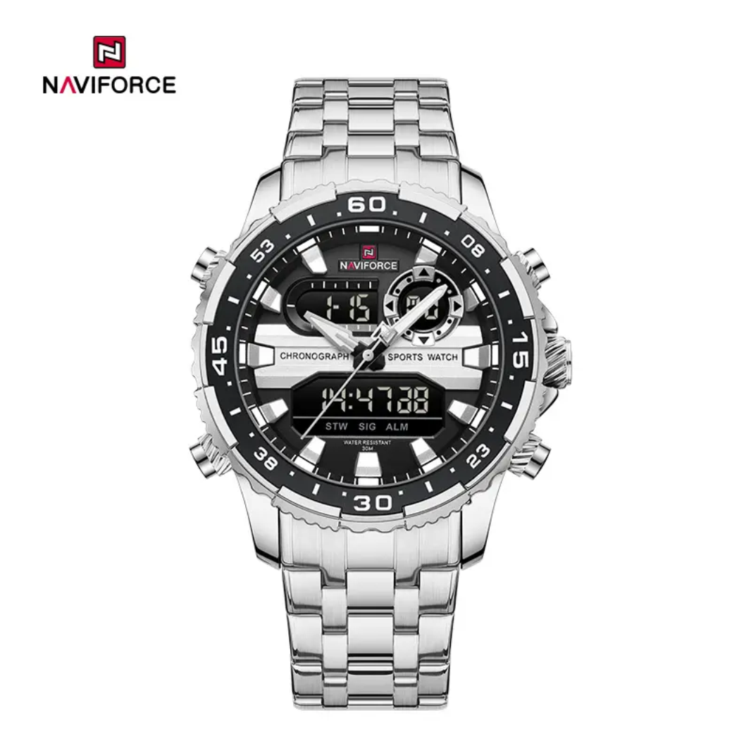 Reloj multifunción Naviforce NF9234 con diseño de maquinaria pesada y doble pantalla