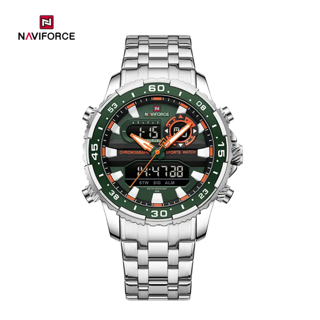 Reloj multifunción Naviforce NF9234 con diseño de maquinaria pesada y doble pantalla